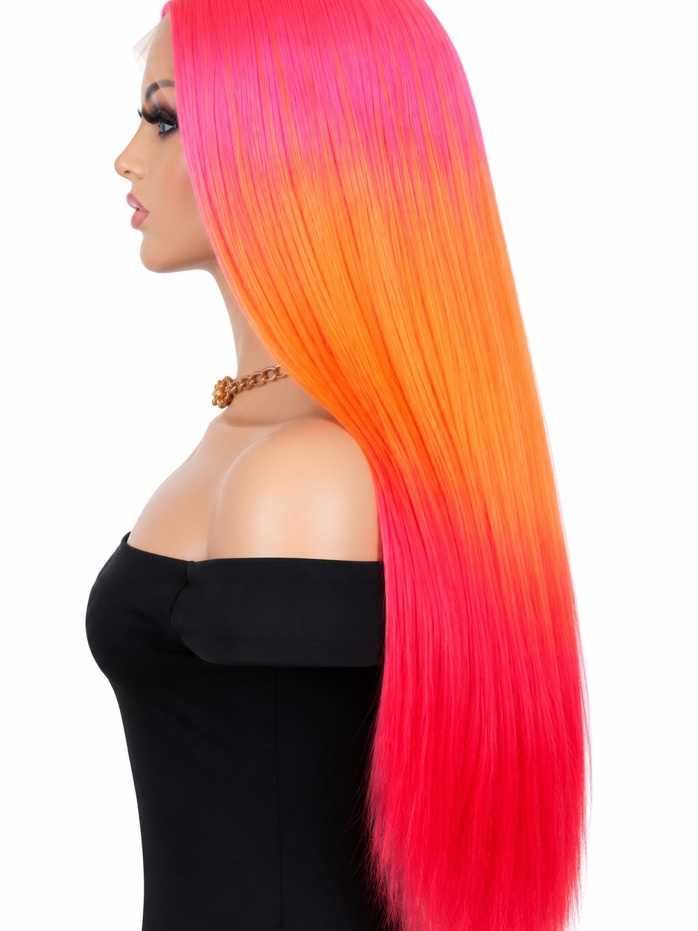 Pastel rainbow Sleek Ombre Pink-Orange-Red Straight Lace Frontal Wig 28 inches l - Picture 4 of 7
